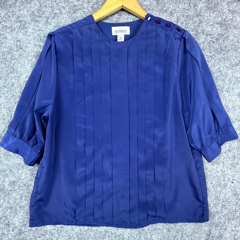 Vintage Worthington Secretary Blouse Womens 10 Blue 80s Button Shoulder‎ Pleated